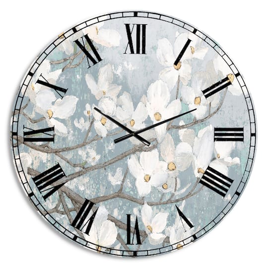 Designart Blue On Gray Blossoms Wall Clock